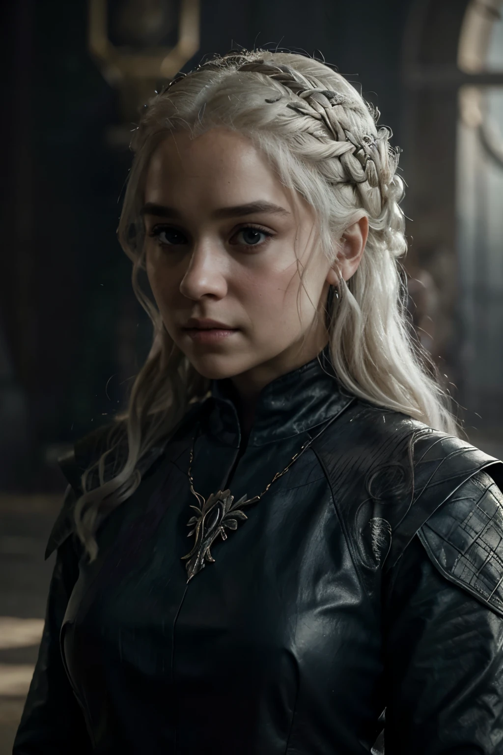 um close de uma mulher com cabelos longos usando um colar, um retrato de personagem de Ross Tran, trends in cg society, arte de fantasia, daenerys, daenerys targaryen, estilo de jogo dos tronos, dos tronos, 8k portrait rendering, retrato vfx altamente detalhado de, Estilo Game of Thrones, tiro de jogo dos tronos, Arte detalhada de alta qualidade 8k