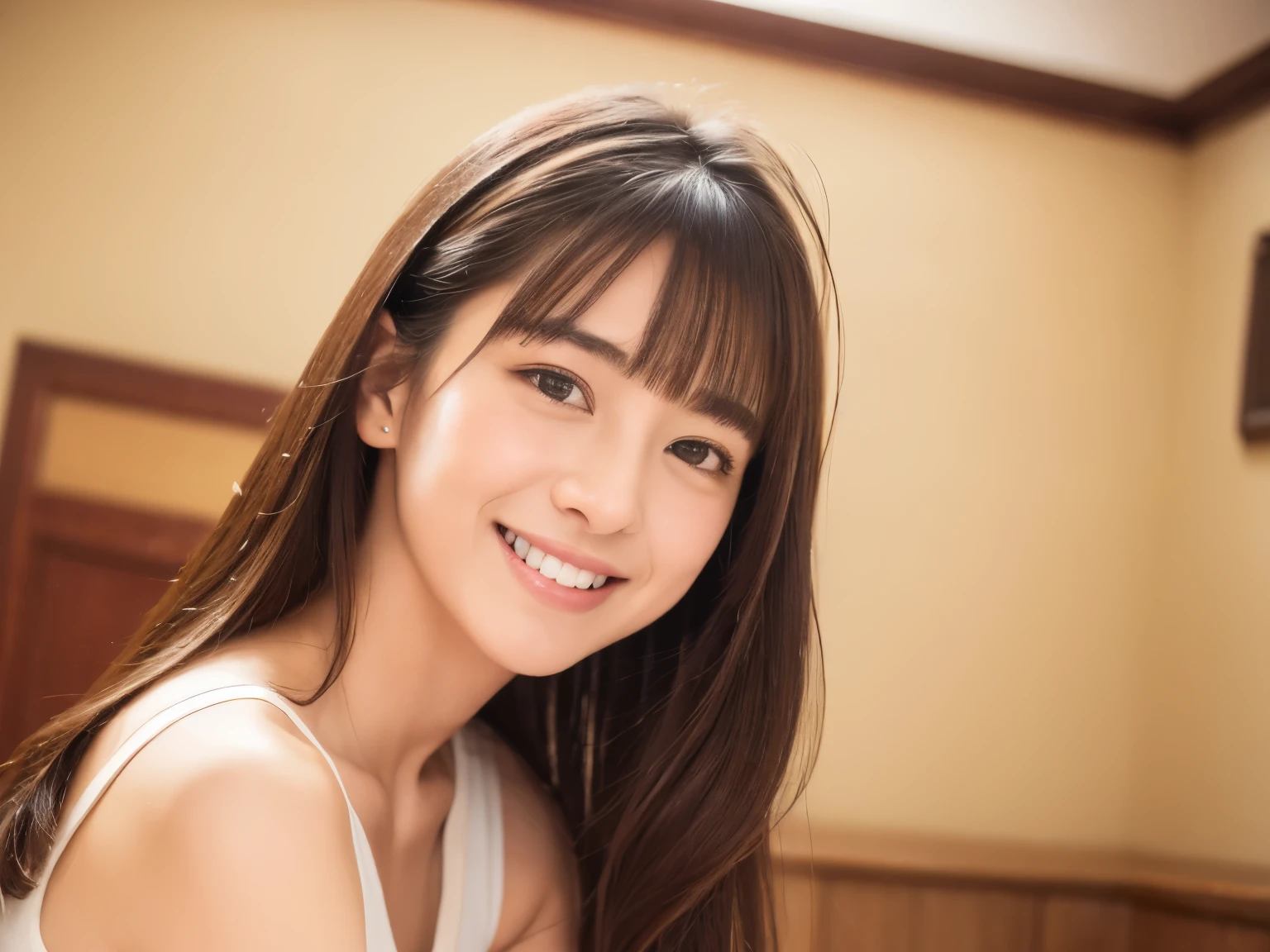 (Realistic、High resolution:1.3)、Japanese,20-year-old,Smiling with teeth showing,The bangs are swept back,The background is pure white,Spread your elbows and place your face on your hands、Pure white teeth,Big eyes,Clean and fresh,Salon Style,Beauty Salon,Upper body only,Looking into the camera,The Nation's Daughter,Realな肌,Hair ,Advertising photo style、Poster photo,Cross your arms in front of you:1.5,歯のホワイトニングのPoster photo:1.6,Big eyes,Big Mouth,Small Nose,Hands are not photographed,Long Bangs,entertainer,Real,Spread your elbows、pores、Realな肌:2.0,Promotional photo,Looking into the camera:1.5