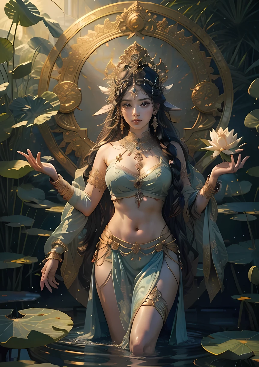 (masterpiece:1.3),(Top quality),( 8K, 4k), (Intricate details),Realist,Hindu goddess、Lakshmi、Standing on the lotus、Has 4 arms、Bring water lilies