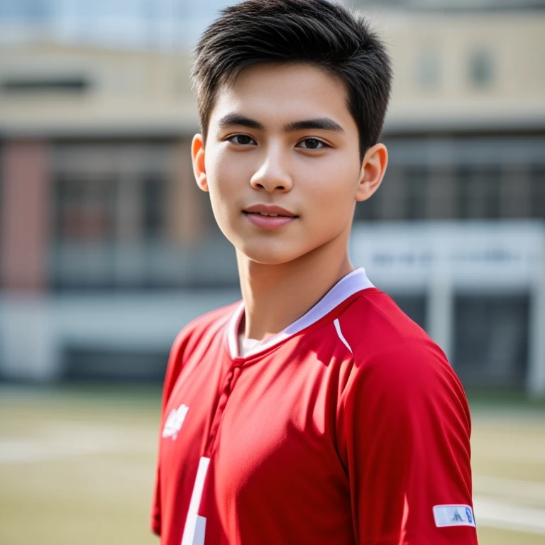 Young Asian man Arav in a blue and red volleyball uniform poses for a photo., Wear a volleyball shirt., Height 165 cm, Height 155 cm, Wear a basketball shirt., Shin Min Jung, Cute sportswear, Seson Yoon, With a backdrop of natural light., , Heonhwa Cho