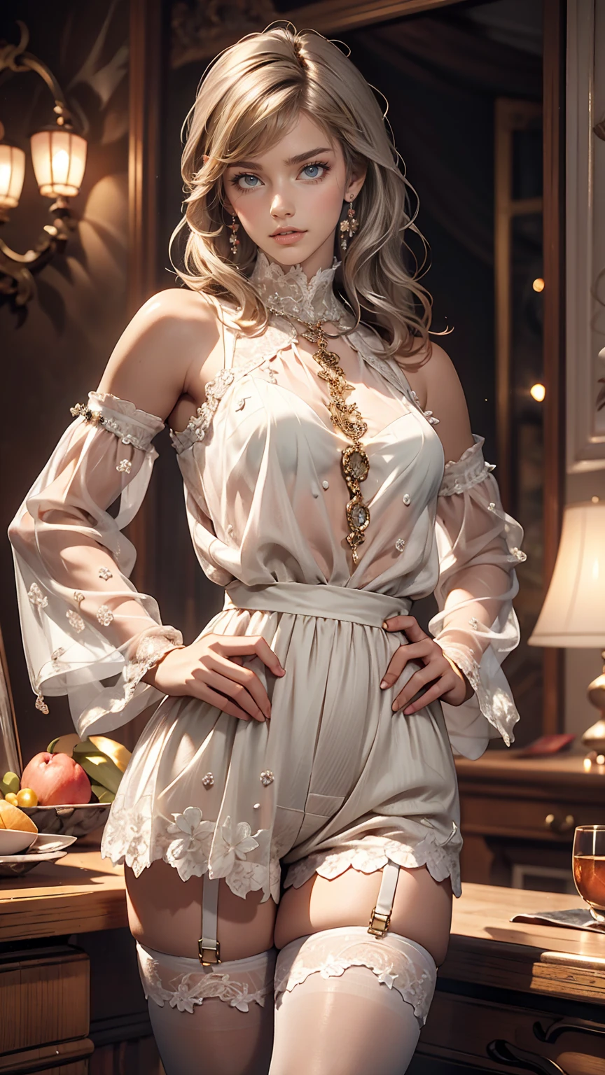 24-year-old female、Wear a see-through romper decorated with lace、Wearing stockings、long hair、Hair becomes wavy、Silver Hair、Place your hands on your hips