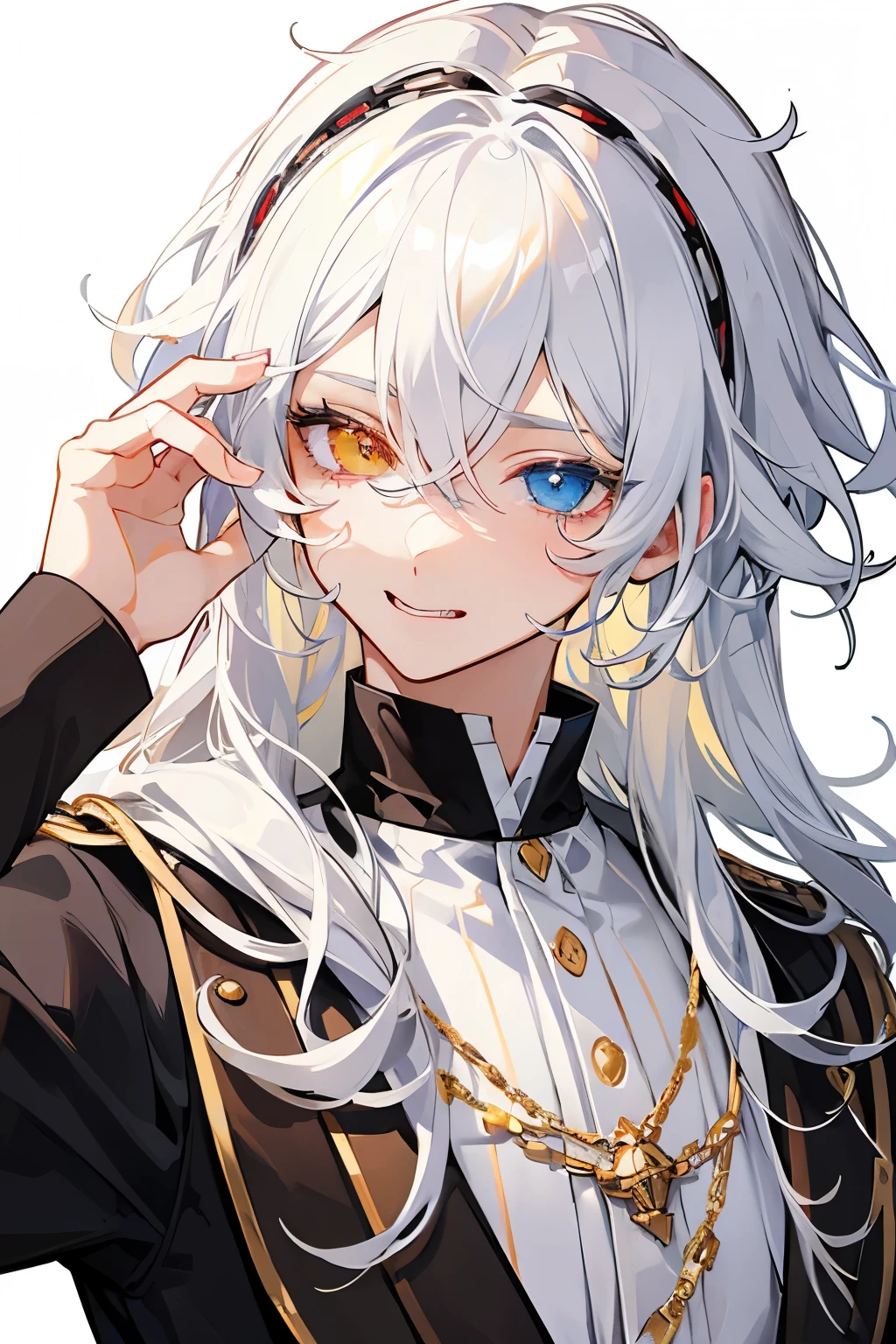White hair chain heterochromia bush boy slightly curly middle parted eyes squinting tongue out