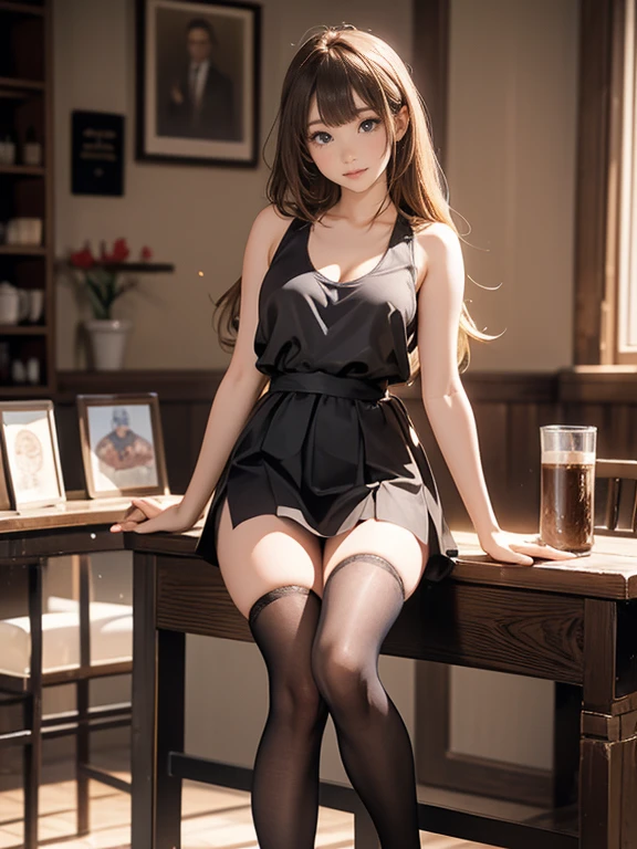 Photo Quality、Masterpiece、slave((Coffee shop、Detailed Background))(30 year old adult woman、Very cute face、Baby Face、round face、Big Eyes、Double、Natural Makeup、Golden ratio proportions)(Blushing、Embarrassed face)(Moist eyes)(long hair、Brown Hair)(Transparent white fabric、Tank top、Cleavage)(Extremely Miniskirt、Black Pantyhose))Full body shot from below、knees