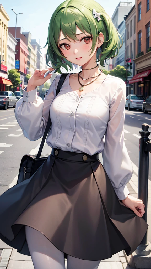 masterpiece, best quality, highres, 1girl, solo, yamagishi fuuka, , skirt, white pantyhose, jewelry, necklace, kirijodef, hair over one eye, , bow, black skirt, happy, cowbow shot, city street