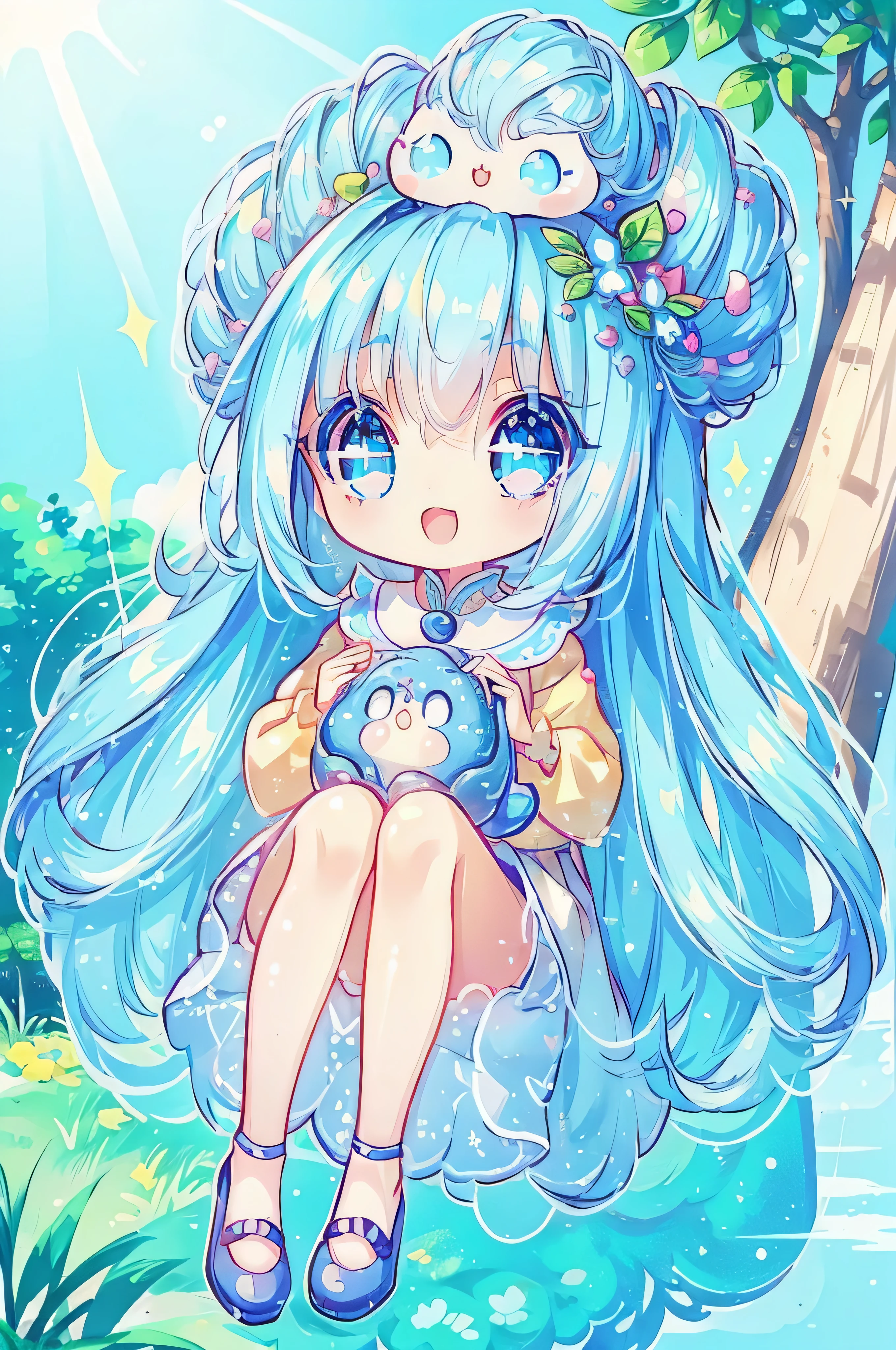 The girl is、neat hair ornament、cute surreal body bien、(detailed eyes、eyes like jewels、sparkling eyes:1.3)、open mouth smile、blue sky、Cute shoes、garden、sunlight filtering through the foliage