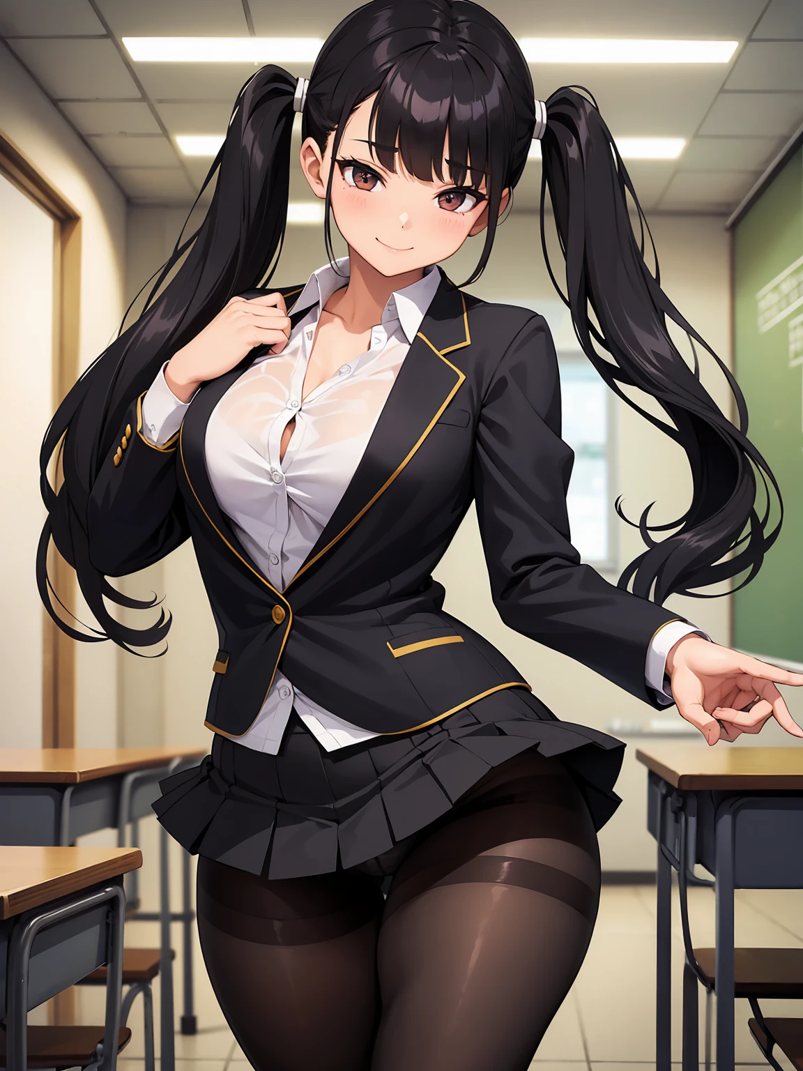 One girl, Five Fingers, mini skirt, Looking down at the viewer, Twin tails, highest quality, Focus on the thighs, Dynamic pose, smile, blazer, blouse, Black Pantyhose, panties under pantyhose, Standing Split, classroom, Black Hair, Stylish pose,Thick thighs、My crotch is steamy 、reg spread