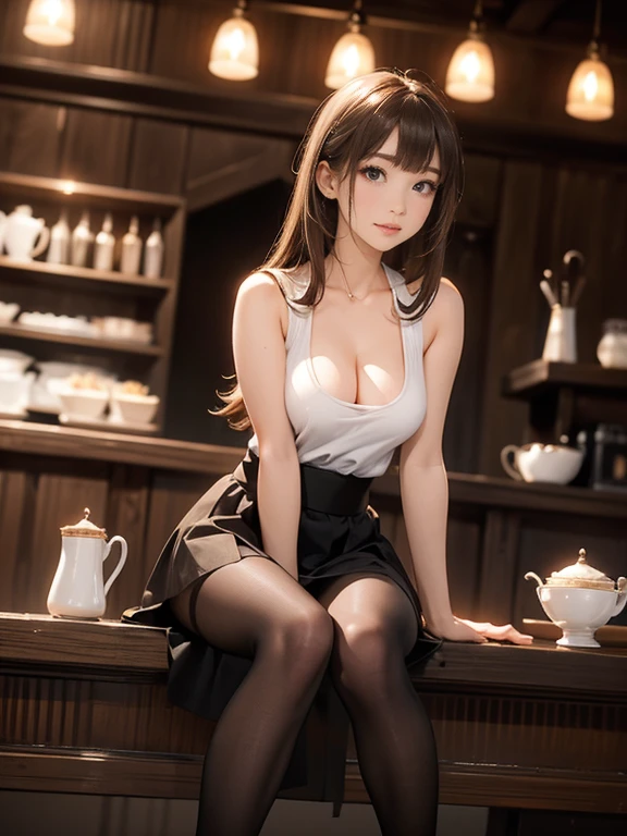 Photo Quality、Masterpiece、slave((Coffee shop、Detailed Background))(30 year old adult woman、Very cute face、、round face、Big Eyes、Double、Natural Makeup、Golden ratio proportions)(Blushing、Embarrassed face)(Moist eyes)(long hair、Brown Hair)(Transparent white fabric、Tank top、Cleavage)(Extremely Miniskirt、Black Pantyhose))Full body shot from below、knees