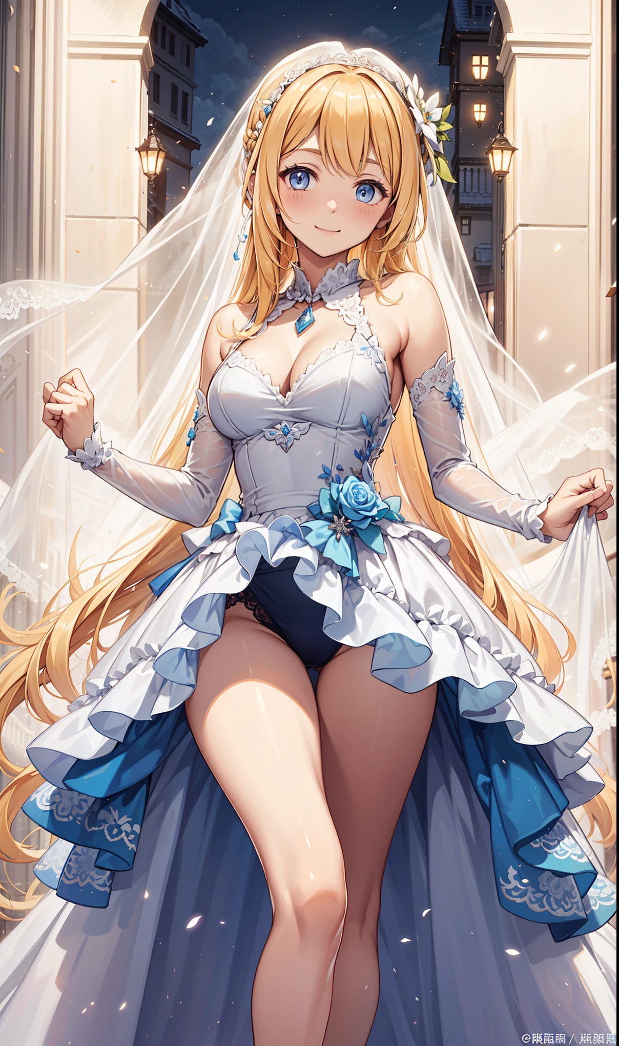 Top quality,Maximum resolution,20-year-old young woman,Obsessed,having fun,in love,Light white wedding dress,Lilac cloth,See through transparent clothes,Dress nicely,A little lace,The only one,Blonde,Light blue eyes,night,Banquet hall,charm,Super Detail