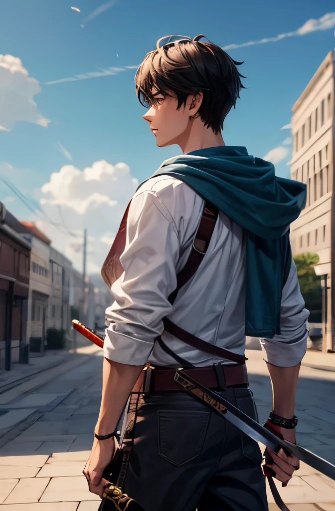 Generate a male teenage character in old casual clothes carrying a sword