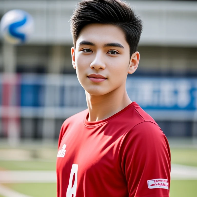 Young Asian man Arav in a blue and red volleyball uniform poses for a photo., Wear a volleyball shirt., Height 165 cm, Height 155 cm, Wear a basketball shirt., Shin Min Jung, Cute sportswear, Seson Yoon, With a backdrop of natural light., , Heonhwa Cho