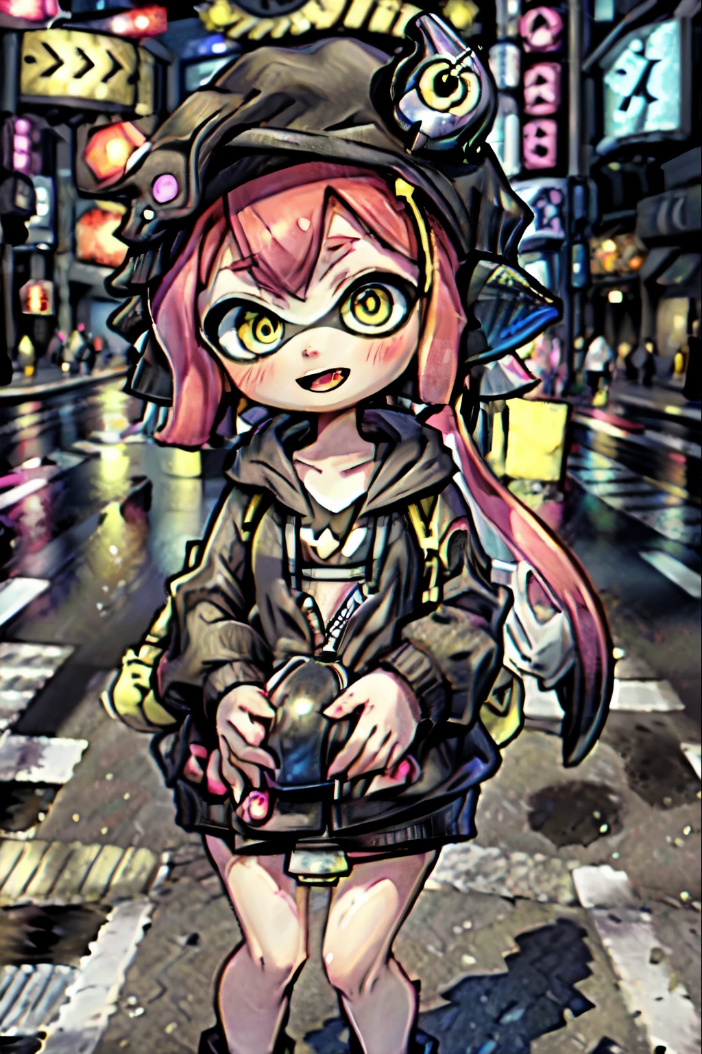 masterpiece, Splatoon Girl、eyeliner, lipstick, Wearing a black hoodie, Big Breasts、Cleavage、In Shibuya, At a pedestrian crossing, Thick line drawing、round and large eyes、Cute eyes、Golden Eyes、blush、Rouge、Open Mouth Smile、