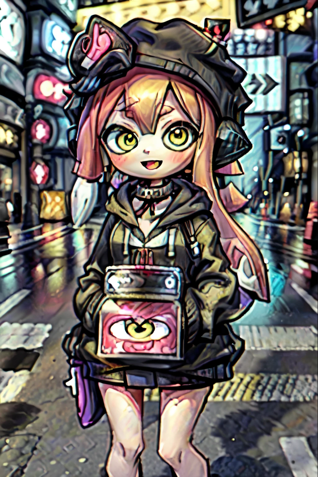 masterpiece, Splatoon Girl、eyeliner, lipstick, Wearing a black hoodie, Big Breasts、Cleavage、In Shibuya, At a pedestrian crossing, Thick line drawing、round and large eyes、Cute eyes、Golden Eyes、blush、Rouge、Open Mouth Smile、