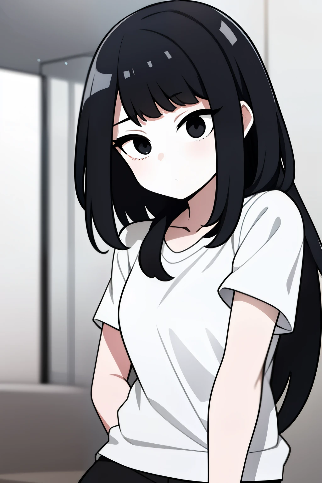 A girl with slightly messy black hair, black eyes, and white skin.