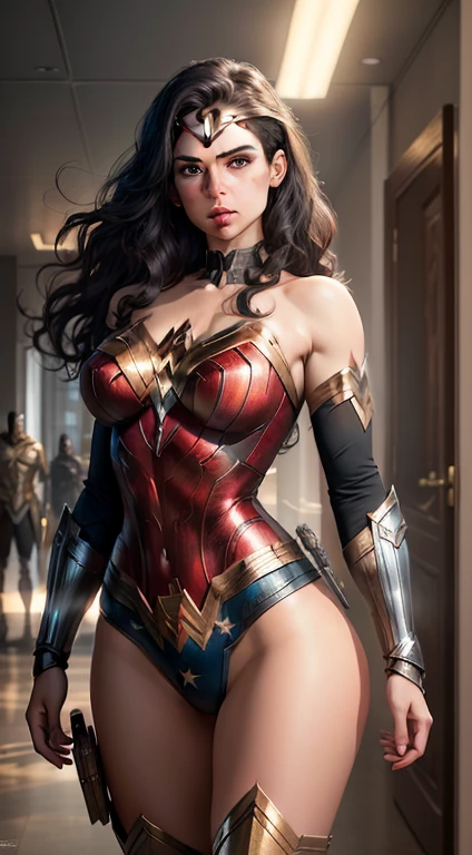 (Best Quality),(Masterpiece),(Ultra Detailed),(4k resolution),(Extremely detailed),Abstract expressionist painting "Hyperion", Sexy Wonder Woman (Big Tits), tarot card, Trending on ArtStation, Digital Painting, character concept art portrait, Scary