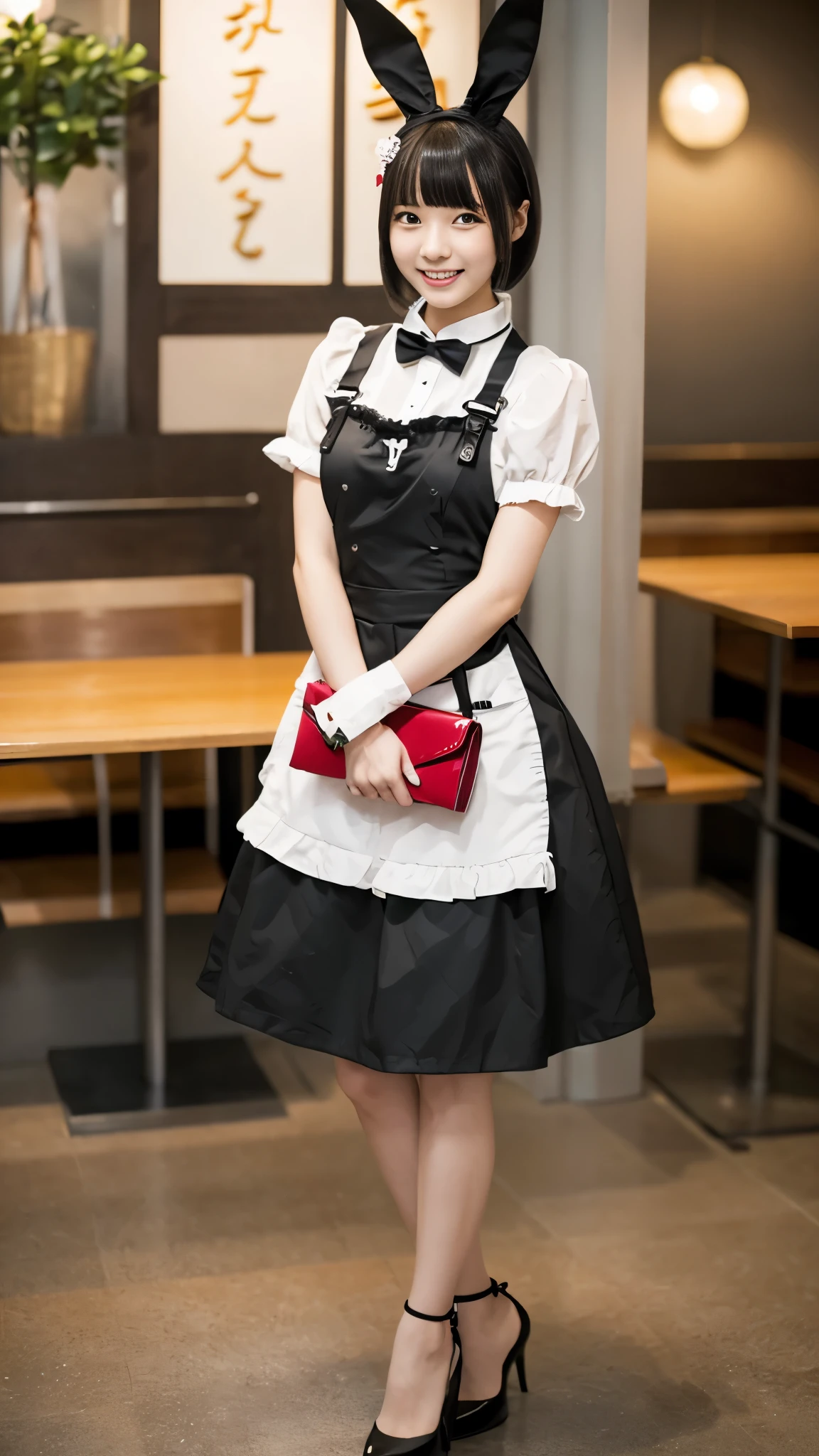 Bunny girl working at maid cafe:1.5，The best smile:1.5，Full Body Shot:1.5，Gray background:1.5，Wearing black high heels:1.5，