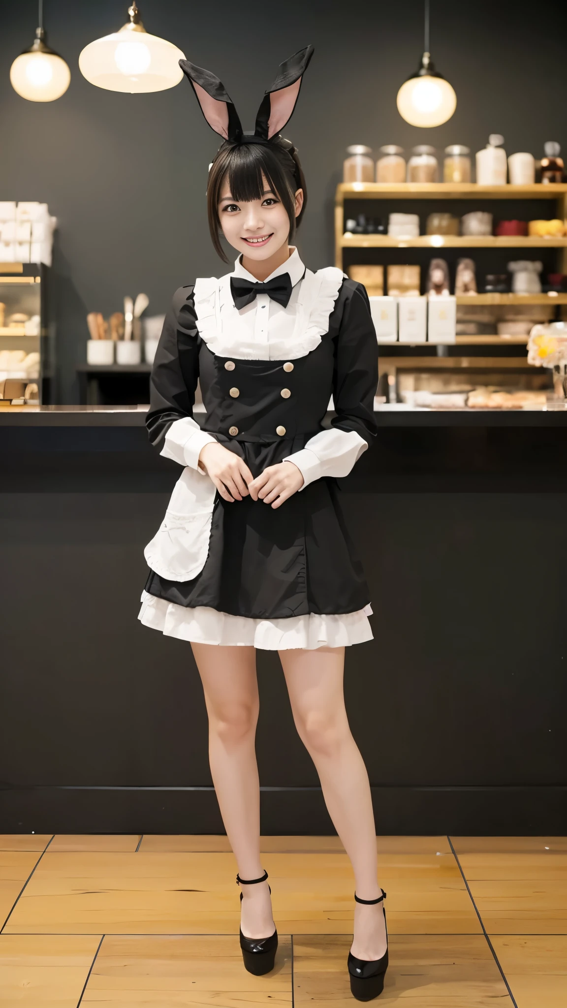 Bunny girl working at maid cafe:1.5，The best smile:1.5，Full Body Shot:1.5，Gray background:1.5，Wearing black high heels:1.5，