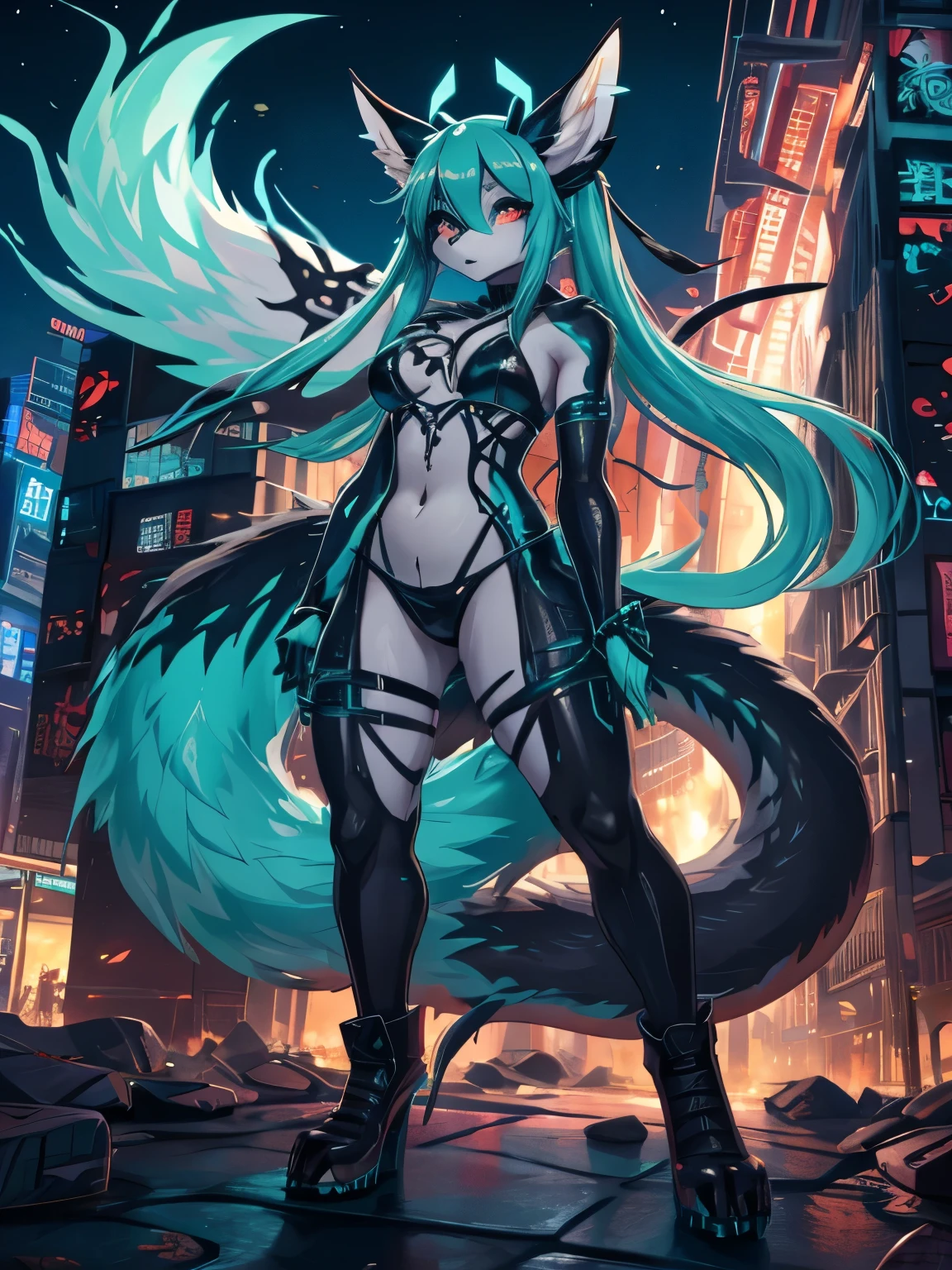 Miku Hatsune, alta definicion, orejas de kitsune, venom infected, fullbody picture, apocalipsis city landscape