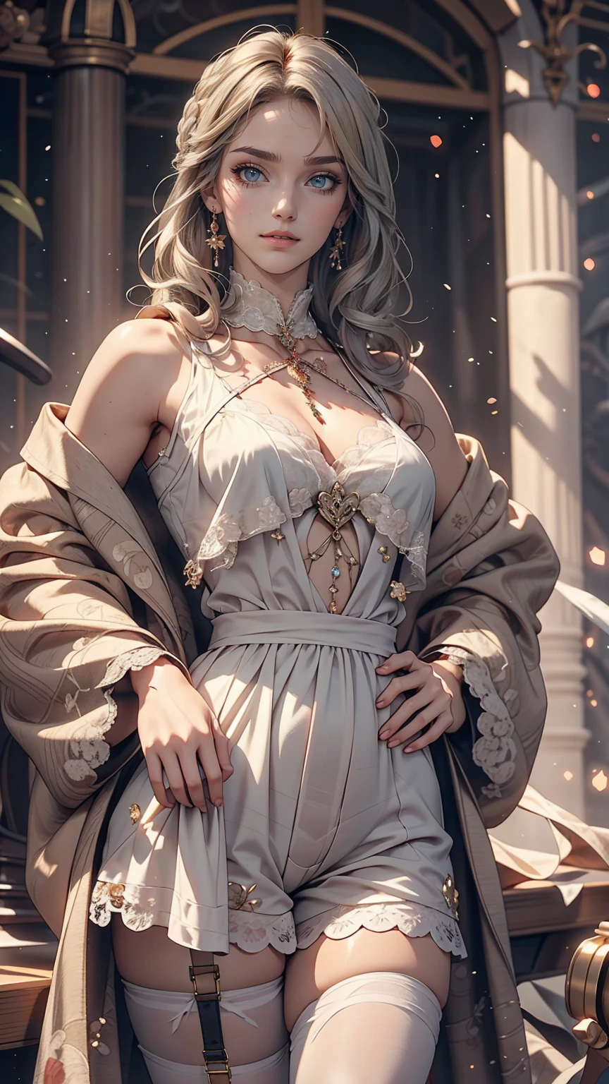 24-year-old female、Wear a see-through romper decorated with lace、Wearing stockings、long hair、Hair becomes wavy、Silver Hair、Place your hands on your hips