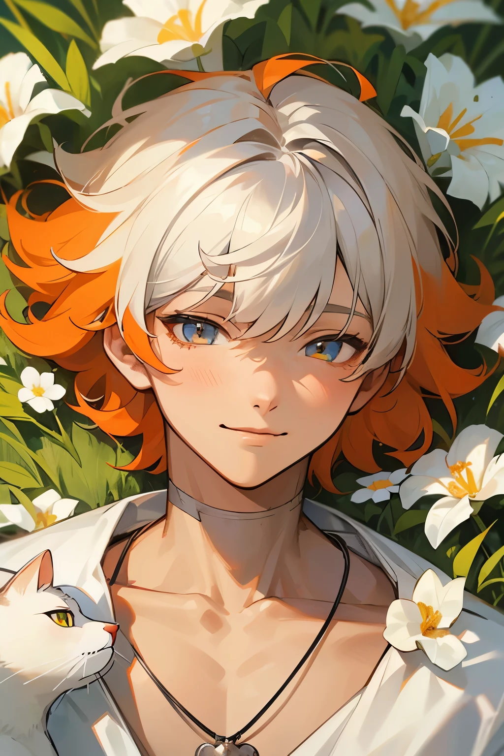 A boy and a furry white cat with different eyes. Orange hair, collarbone, grass, smile, flower, middle part, slightly curled silver necklace, face close-up, broken hair, bangs