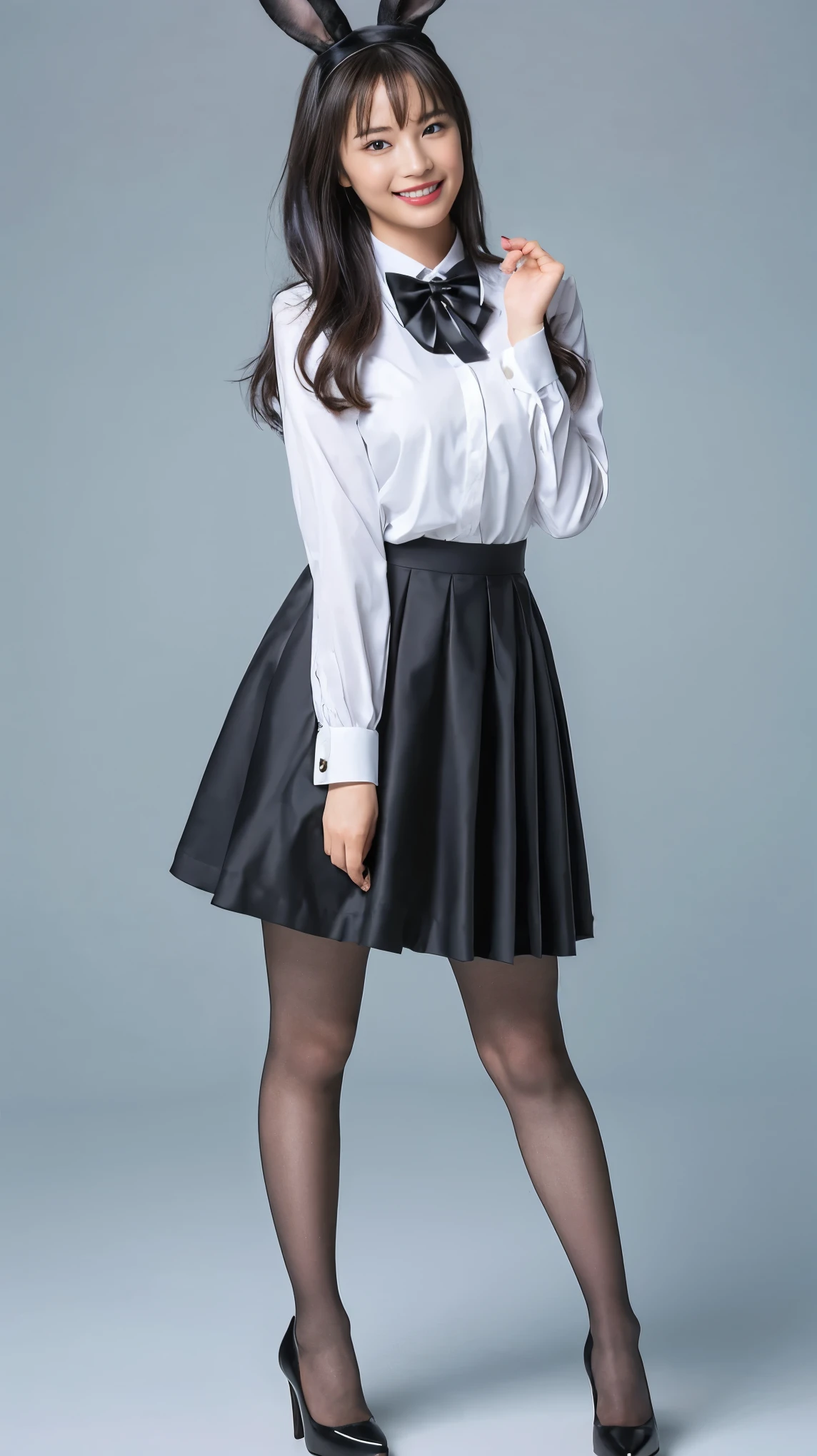 Bunny girl in maid outfit:1.5,Wearing light blue fishnet stockings:1.5,The best smile:1.5,Full Body Shot:1.5,Gray background:1.5,Wearing black high heels:1.5,