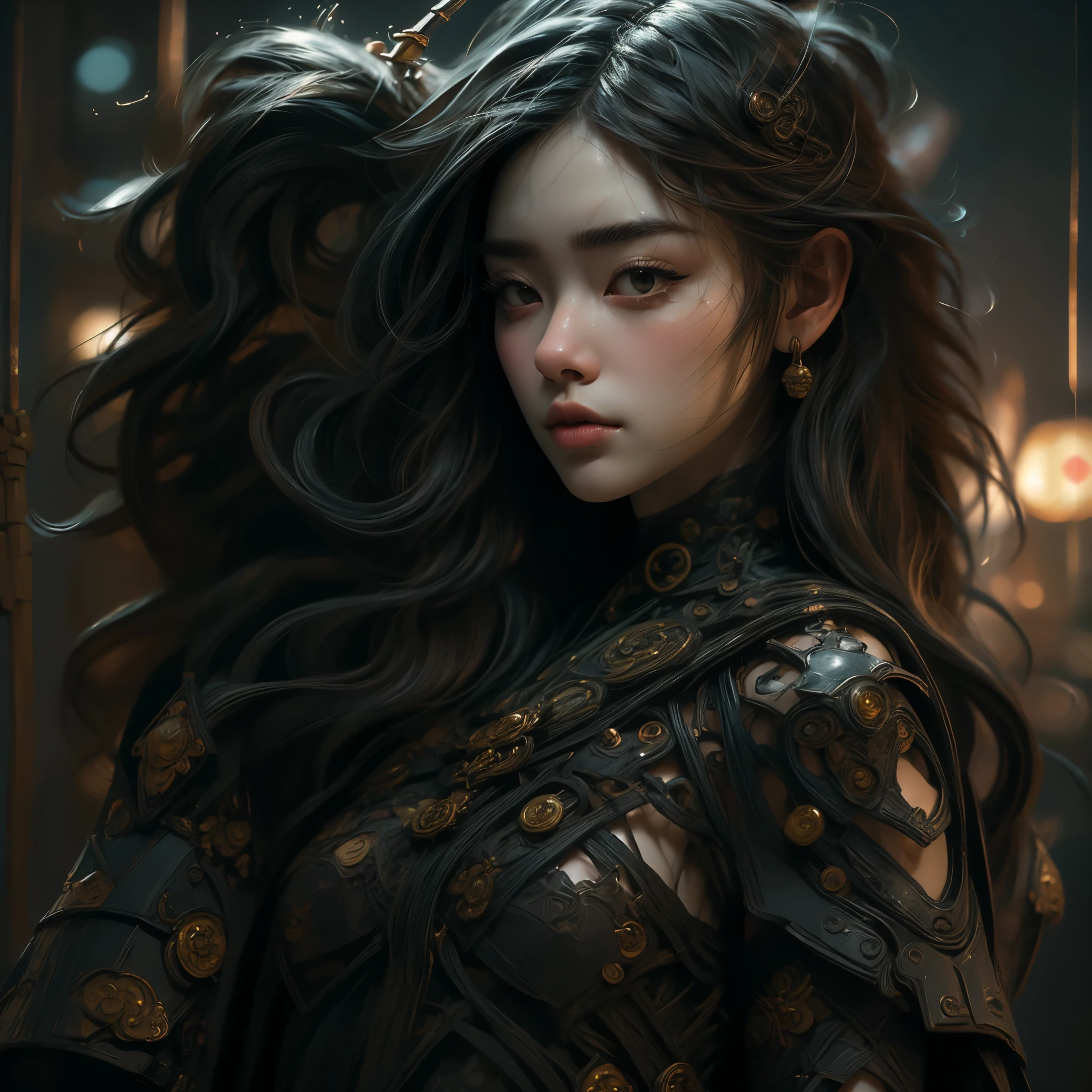 (Full body portrait:1.4)、One female samurai、Beautiful and detailed、Beautiful and delicate lips、Highly detailed face and body、Long black hair、knife、Samurai costume、night temple background、Dark and gloomy lighting、Structure of the film、Dramatic Shadows、(highest quality、4K、8k、High resolution、masterpiece:1.2)、Super quality、(Genuine、Realistic、Realistic:1.37)、Dark fantasy、Dramatic lighting,
