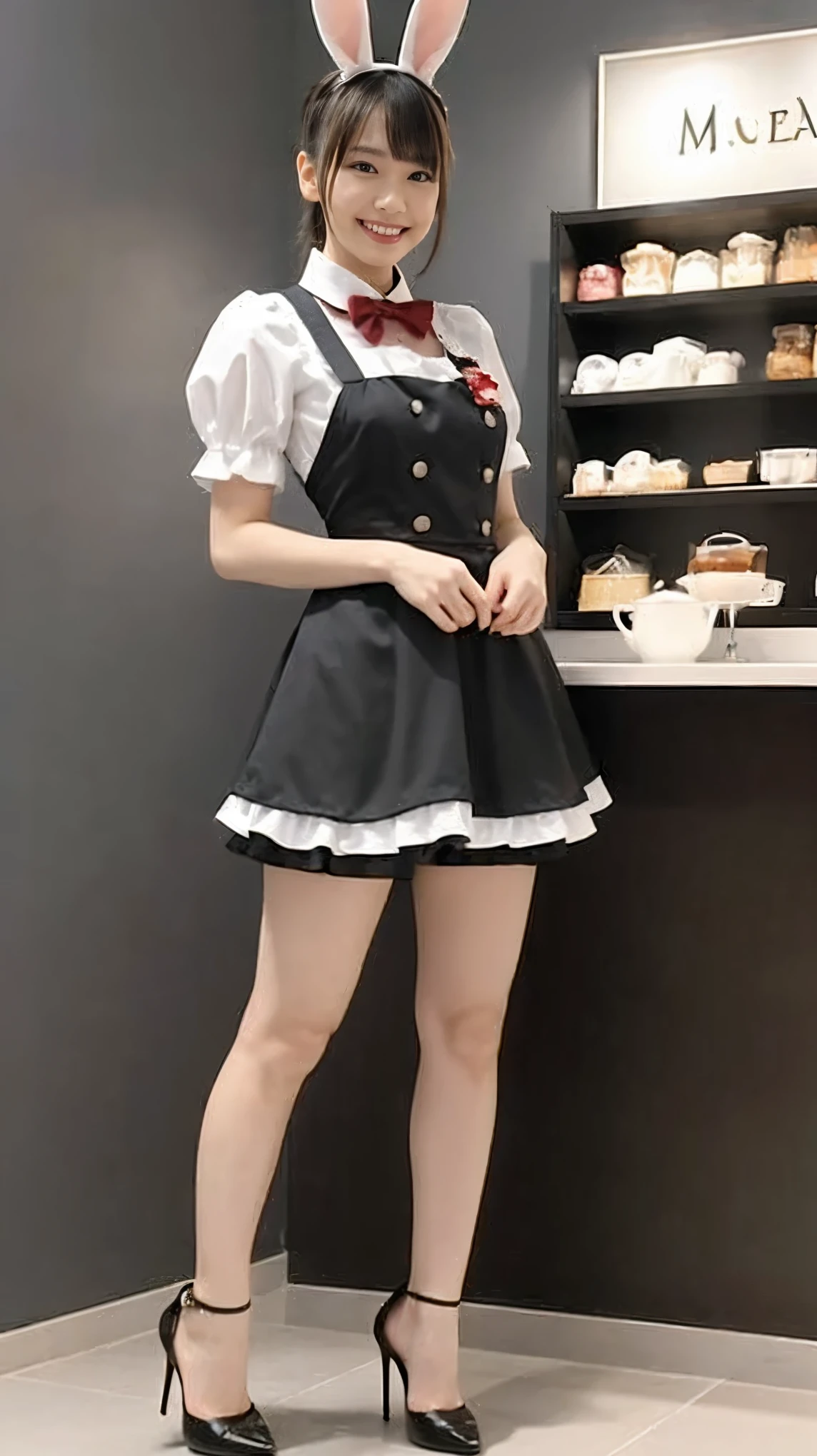 A bunny girl in a red maid outfit working at a maid cafe:1.5,The best smile:1.5,Full Body Shot:1.5,Gray background:1.5,Wearing black high heels:1.5,