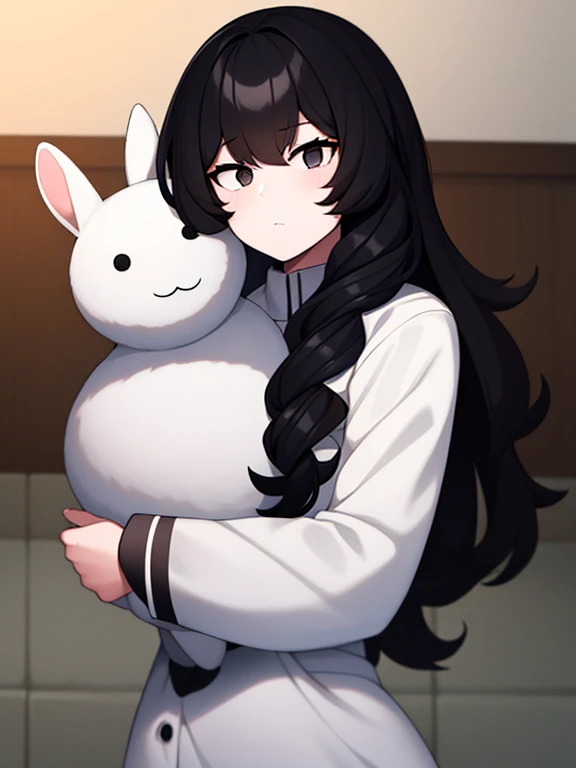 A girl with long, curly black hair, black eyes and white skin. In her arms he was holding a white stuffed rabbit.