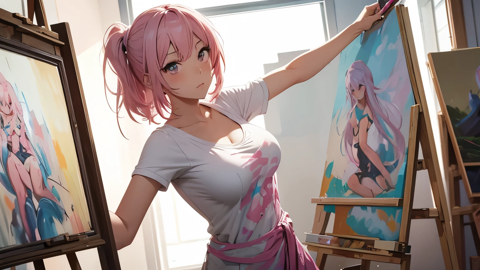 anime woman, as artist wear sweeter, pink hair in room full with paint, working on painting. she is painting a painting. clear face, perfect proportion, perfect anatomy, perfect hand, mid shot