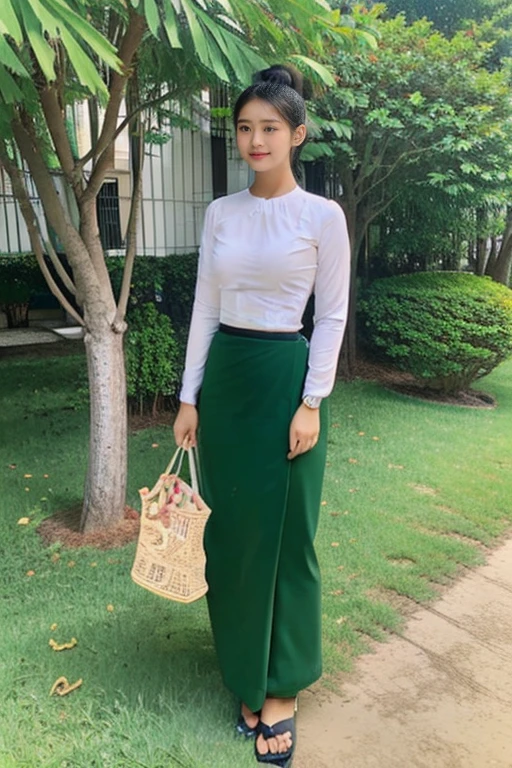 A school teacher is 30years old.Tall, thin, big hips, big breasts, black hair, small lips, brown eyes, attractive, K.Top=white Burmese blouse,With long sleeves,Buttoned at the side.Bottom=(Dark green) long skirt.
Footwear=female Burmese sandals,The hair is knotted bun.