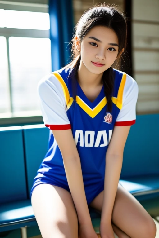 Young Asian man Arav in a blue and red volleyball uniform poses for a photo., Wear a volleyball shirt., Height 165 cm, Height 155 cm, Wear a basketball shirt., Shin Min Jung, Cute sportswear, Seson Yoon, With a backdrop of natural light., , Heonhwa Cho