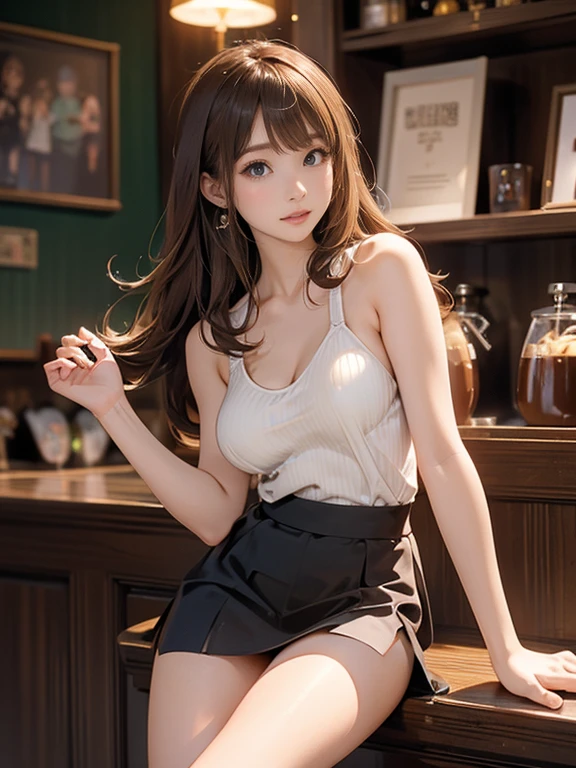 Photo Quality、Masterpiece、((Coffee shop、Detailed Background))(30 year old adult woman、Very cute face、、round face、Big Eyes、Double、Natural Makeup、Golden ratio proportions)(Blushing、Embarrassed face)(Moist eyes)(long hair、Brown Hair)(Transparent white fabric、Tank top、Cleavage)(Tight miniskirt、Black Pantyhose))panties、Full body shot from below、knees