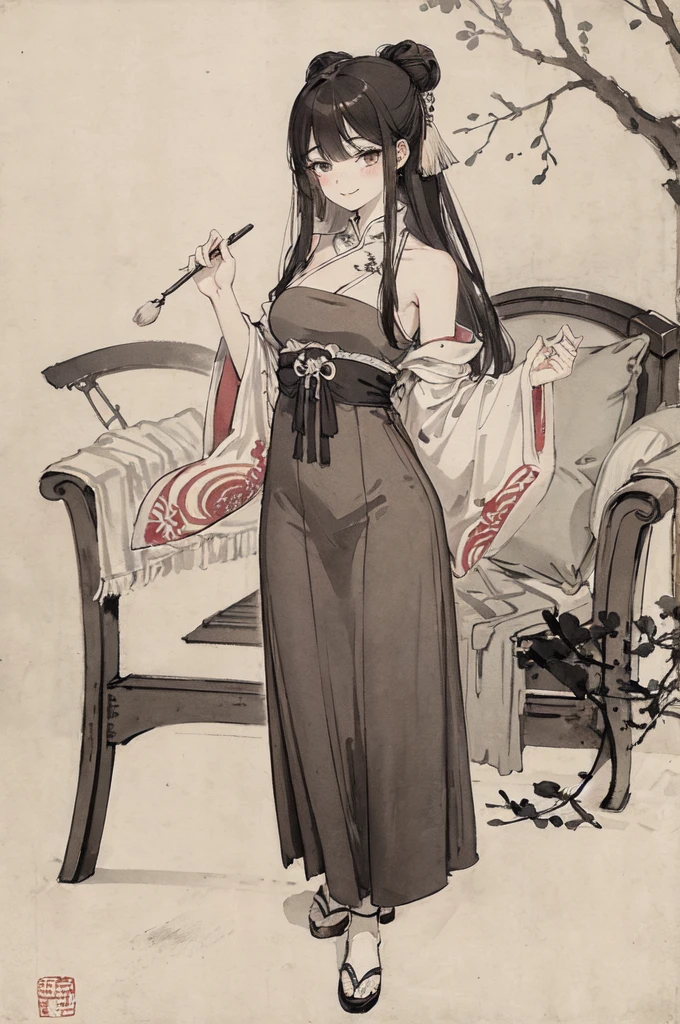 (masterpiece, highest quality: 1.2), Traditional Chinese Ink Painting, Cute busty 22 year old woman, Oversized dresses :1.2, sofa, Highly detailed face, Fine grain, double eyelid, SFW , Long dress, A shy smile, Exotic look