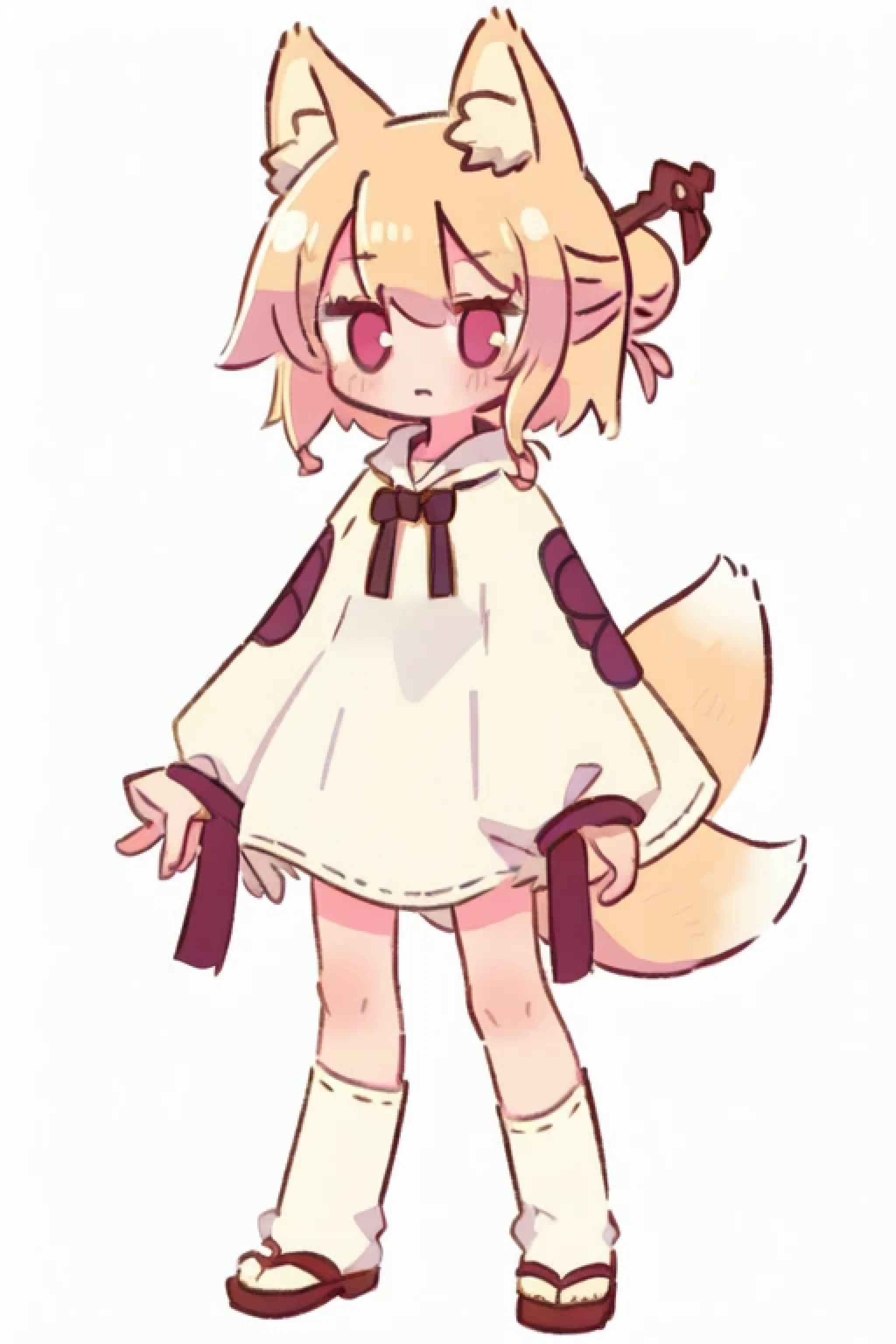 kemomimi, 1girl,fox ears, blonde hair, hair between eyes,single hair bun, full body,simple background,cowboy shot,