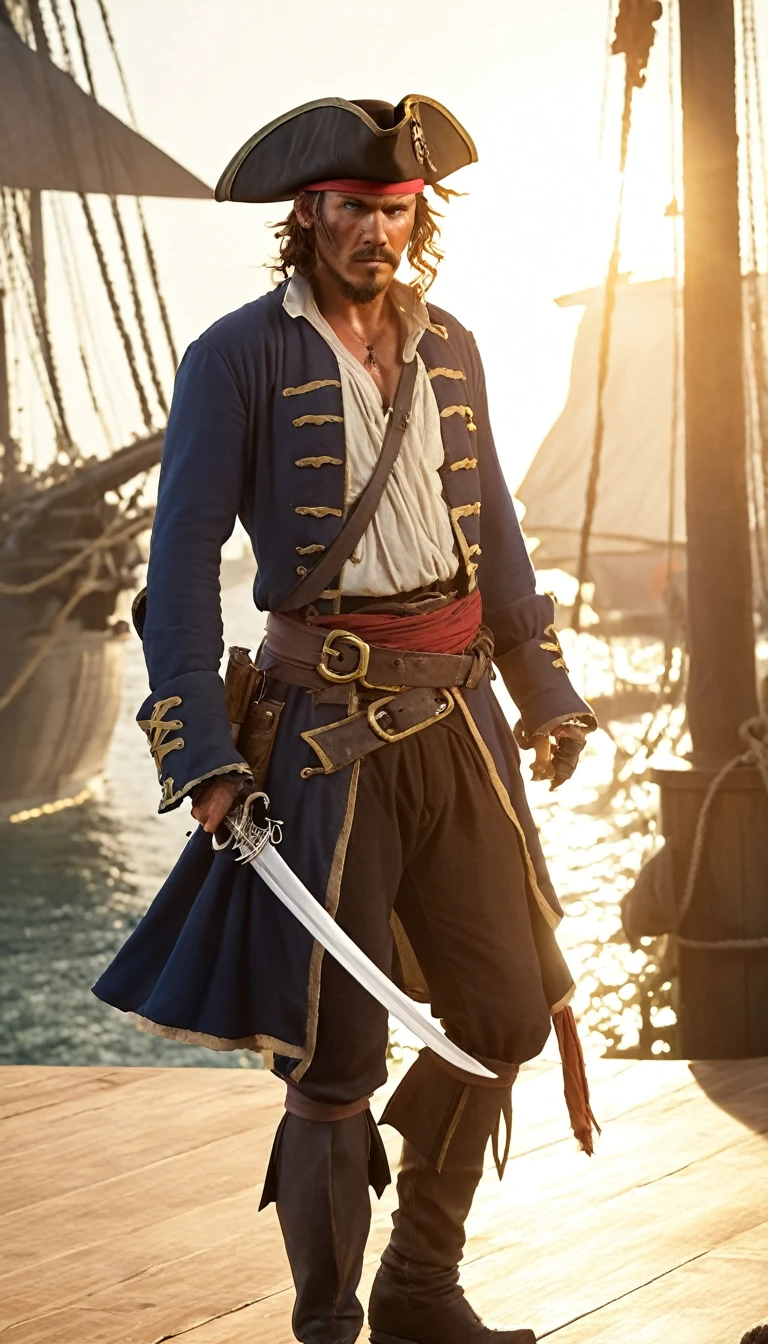 "A man, dressed in pirate-era costumes, brown hair and a sword at his waist, is portrayed as a bounty hunter in a cinematic style. He is standing, wearing a pirate hat and typical corsair clothes, displaying a determined and adventurous expression. The sunlight falls on him, highlighting the details of his clothing and the shape of his figure. The scenario is of a busy pirate port, with ships in the background and flags flickering, creating an atmosphere of action and intrigue."