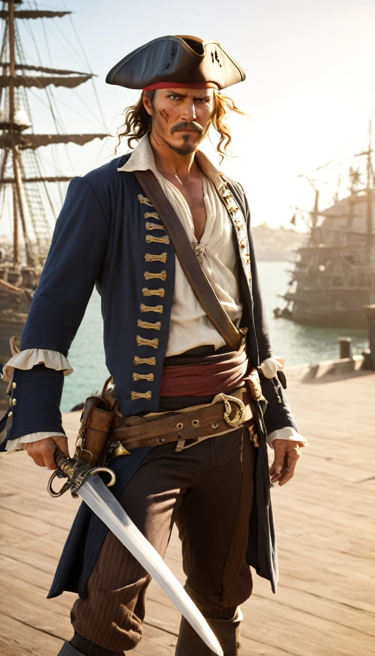 "A man, dressed in pirate-era costumes, brown hair and a sword at his waist, is portrayed as a bounty hunter in a cinematic style. He is standing, wearing a pirate hat and typical corsair clothes, displaying a determined and adventurous expression. The sunlight falls on him, highlighting the details of his clothing and the shape of his figure. The scenario is of a busy pirate port, with ships in the background and flags flickering, creating an atmosphere of action and intrigue."