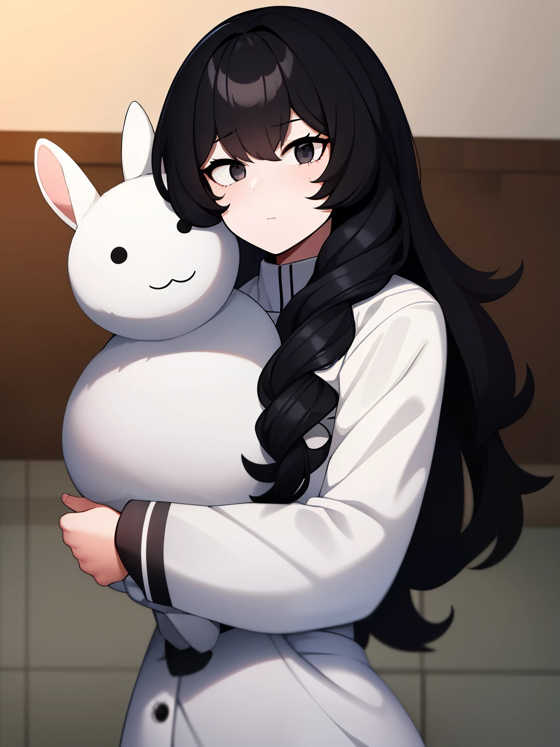 A girl with long, curly black hair, black eyes and white skin. In her arms he was holding a white stuffed rabbit.