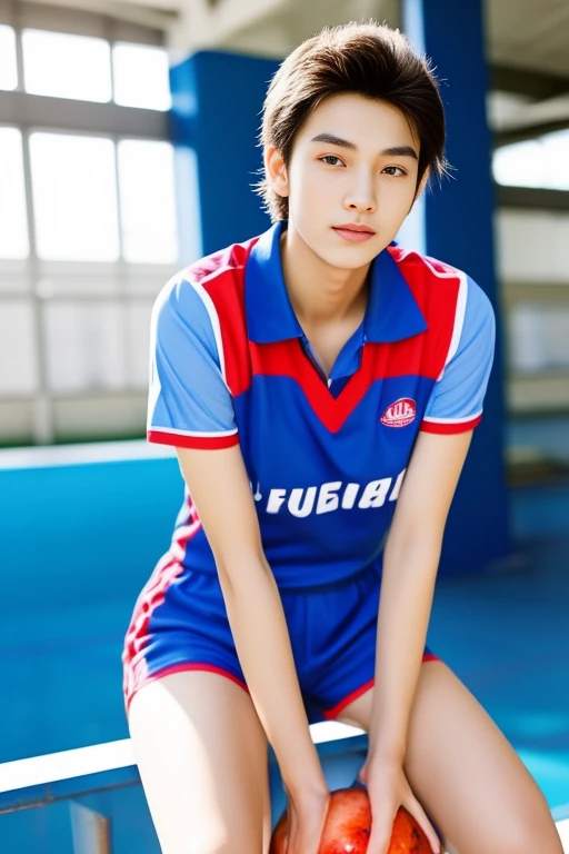 Young Asian man Arav in a blue and red volleyball uniform poses for a photo., Wear a volleyball shirt., Height 165 cm, Height 155 cm, Wear a basketball shirt., Shin Min Jung, Cute sportswear, Seson Yoon, With a backdrop of natural light., , Heonhwa Cho