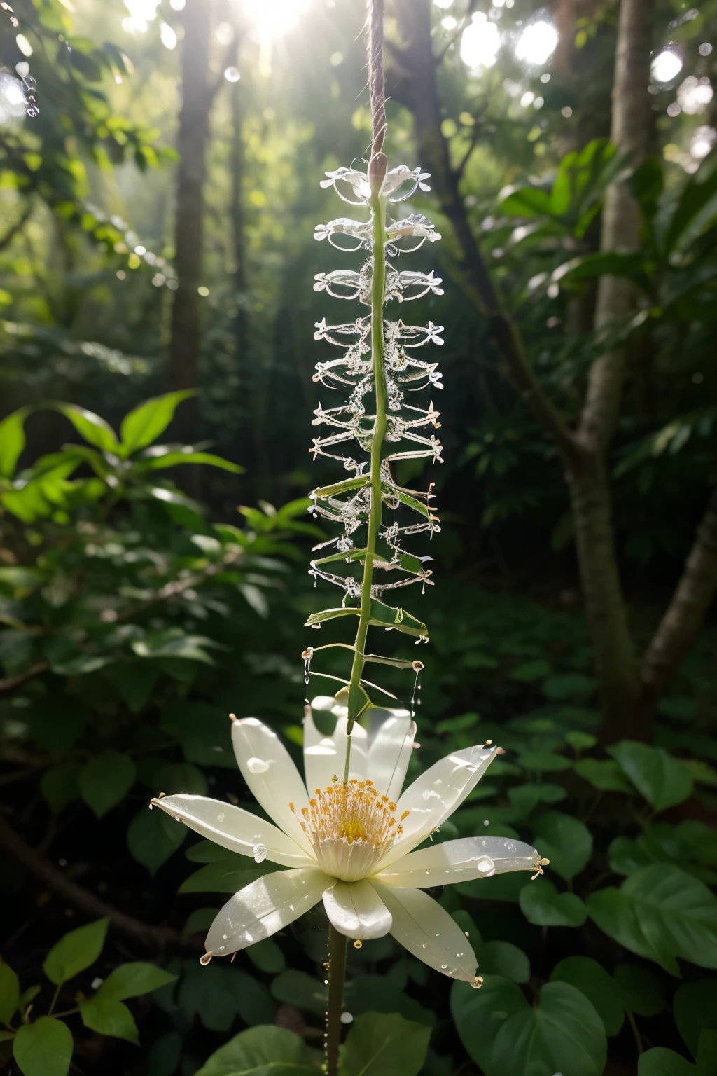 A delicate and intricate skeleton flower, reminiscent of a delicate snowflake, blooms amidst the mossy floor of a mystical forest. The translucent white petals, intricately veined with delicate threads, shimmer like frozen water droplets under the soft, dappled light filtering through the canopy above. Adorning its fine filaments are dewdrops, sparkling like diamonds against the crisp morning air, creating a mesmerizing sight as the flower suspends itself in a state of graceful balance. With every subtle movement of the breeze, the petals slightly sway, revealing the intricate patterns within, comparable to a true-to-life master