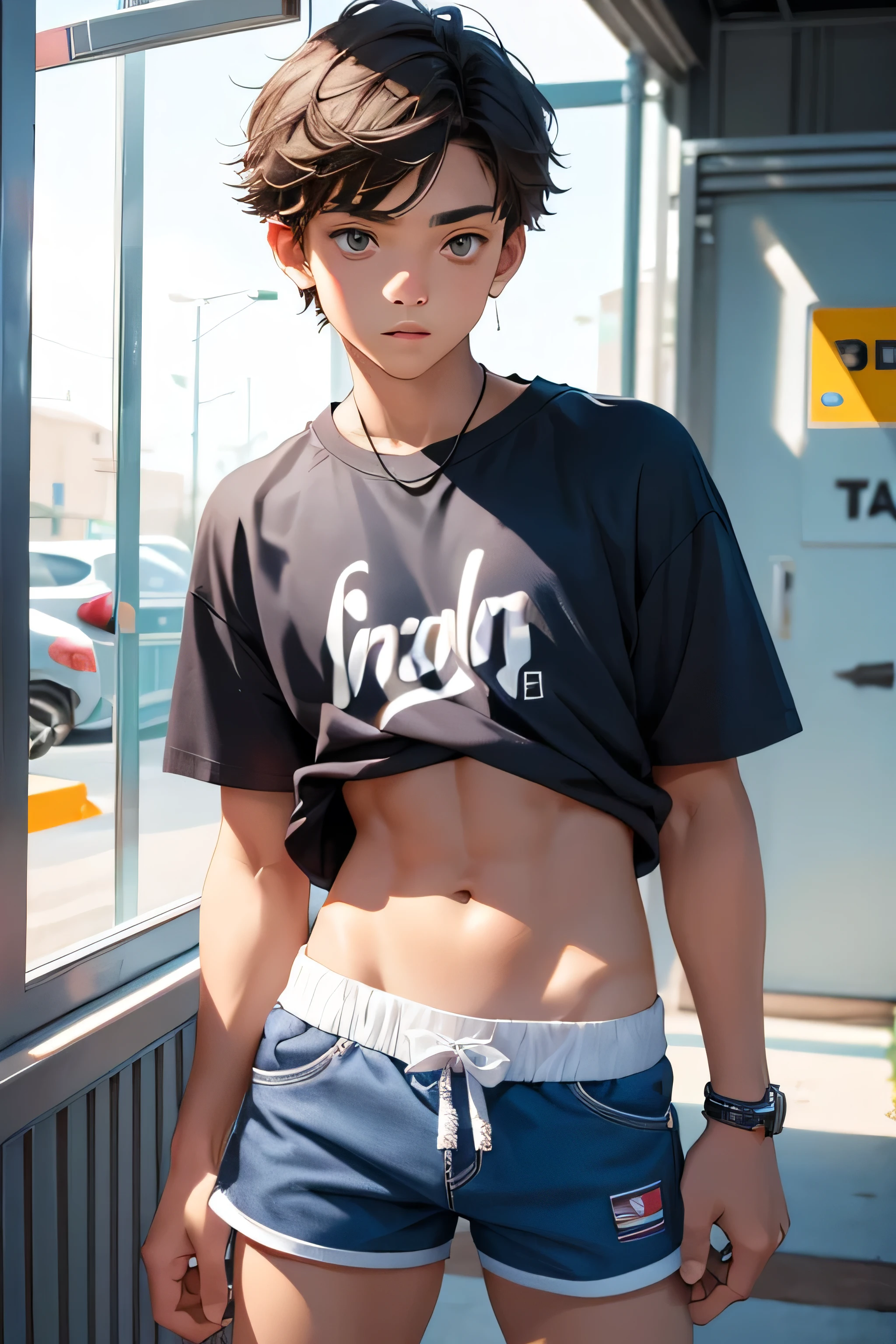 age boy 16 ye boy is a handsome cute model, a teenage boy is ded in a cropped shirt and too short mini shorts, the shorts are too short and sporty, the boy's legs are beautiful, the boy is posing flirtatiously, hot summer outfit , top quality