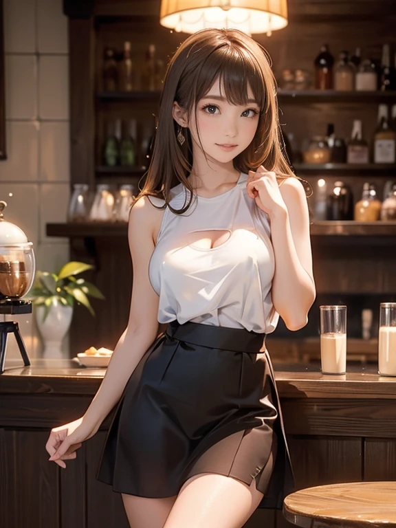 Photo Quality、Masterpiece、((Coffee shop、Detailed Background))(30 year old adult woman、Very cute face、Baby Face、round face、Big Eyes、Double、Natural Makeup、Golden ratio proportions)(Blushing、Embarrassed face)(Moist eyes)(long hair、Brown Hair)(Transparent white fabric、Tank top、Cleavage)(Tight miniskirt、Black Pantyhose))Full body shot from below、knees