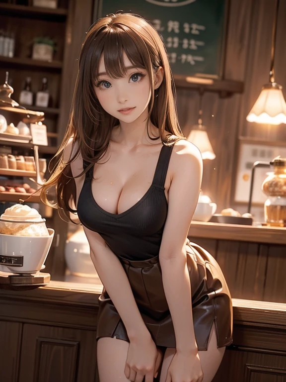 Photo Quality、Masterpiece、((Coffee shop、Detailed Background))(30 year old adult woman、Very cute face、Baby Face、round face、Big Eyes、Double、Natural Makeup、Golden ratio proportions)(Blushing、Embarrassed face)(Moist eyes)(long hair、Brown Hair)(Transparent white fabric、Tank top、Cleavage)(Tight miniskirt、Black Pantyhose))Full body shot from below、knees