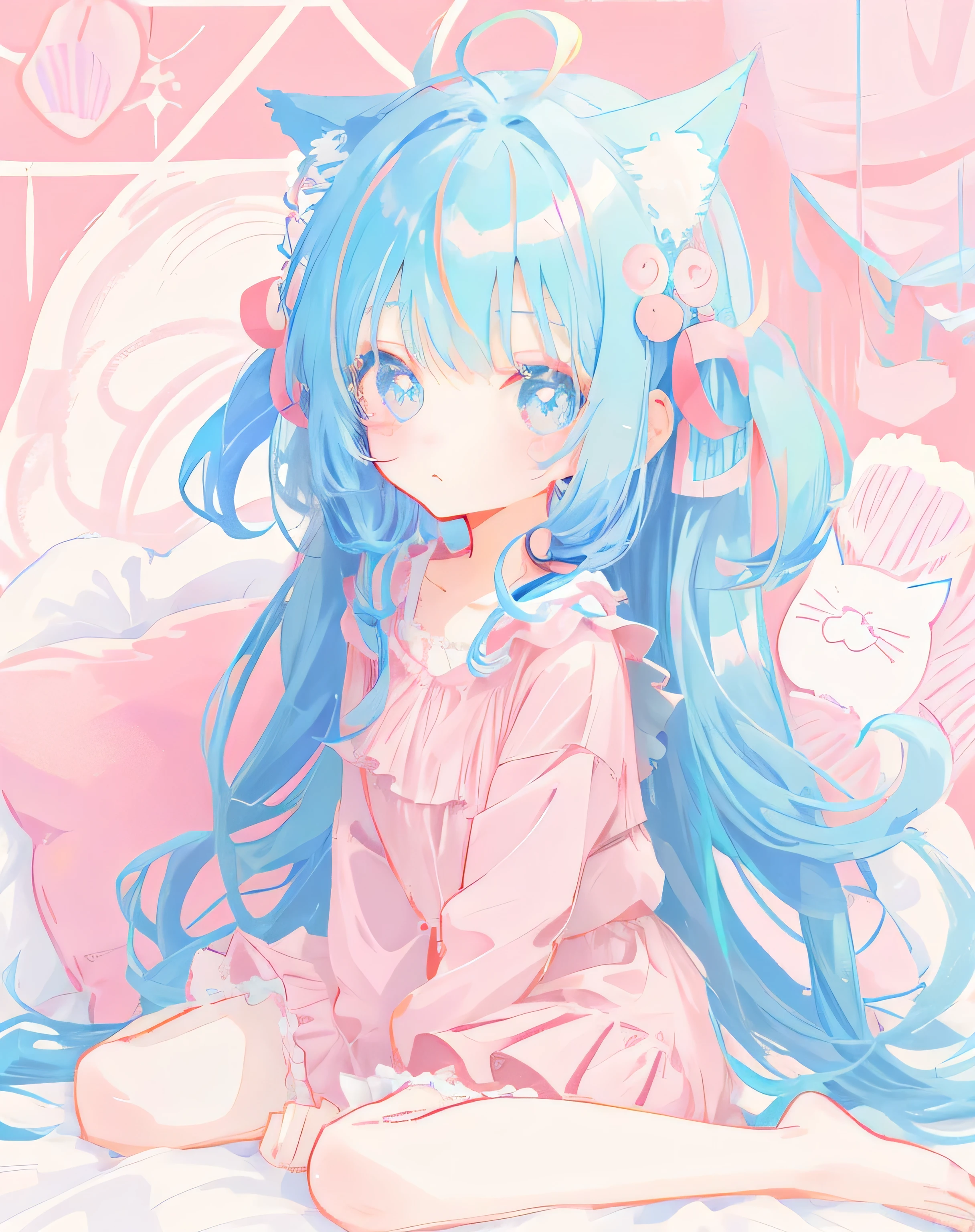 anime girl with blue hair and cat ears sitting on a bed, cute anime catgirl, Cute anime girl, anime girl with cat ears, anime moe art style, Very beautiful anime cat girl, pretty anime girl, beautiful anime catgirl, Soft anime illustration, cute kawaii girls, pink twintail hair and cyan eyes, Cute anime, anime visual of a cute girl