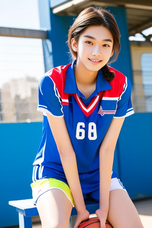 Young Asian man Arav in a blue and red volleyball uniform poses for a photo., Wear a volleyball shirt., Height 165 cm, Height 155 cm, Wear a basketball shirt., Shin Min Jung, Cute sportswear, Seson Yoon, With a backdrop of natural light., , Heonhwa Cho
