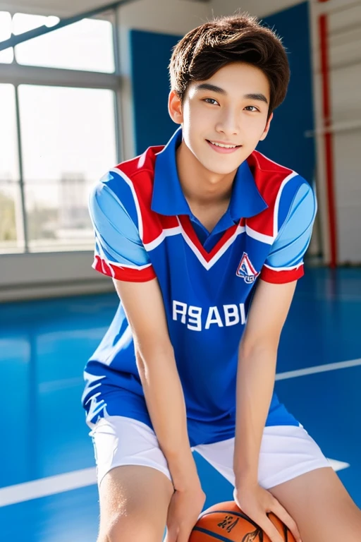 Young Asian man Arav in a blue and red volleyball uniform poses for a photo., Wear a volleyball shirt., Height 165 cm, Height 155 cm, Wear a basketball shirt., Shin Min Jung, Cute sportswear, Seson Yoon, With a backdrop of natural light., , Heonhwa Cho