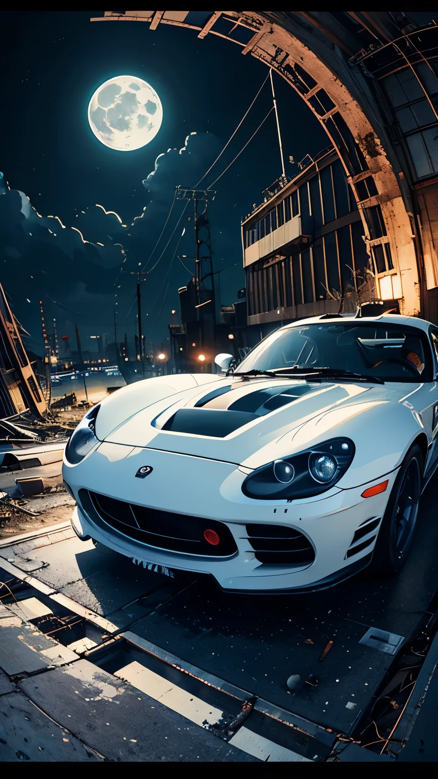 (Fish-eye),Icon, Logo, Very Wide White Background, Extreme Quality, Masterpiece, 8k, Depth of Field, Complex Detail, (No People), Very Large Margin, Lots of Text, Corporate Logo, Space, Emblem, Movie Poster-Like, (Abandoned Factory), (Lots of Wires), (Big Moon),nostalgia, sea,super car,Panorama,Long shot