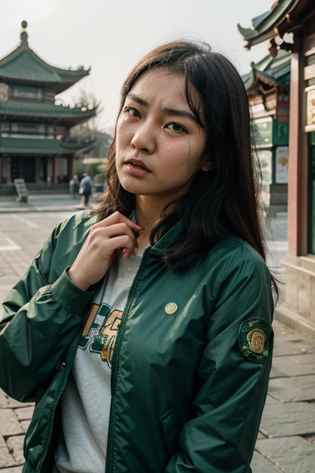 beautiful 19 year old woman, full frame photo, angry Chinese face, shedding tears, wearing a green jacket, 18mm lens