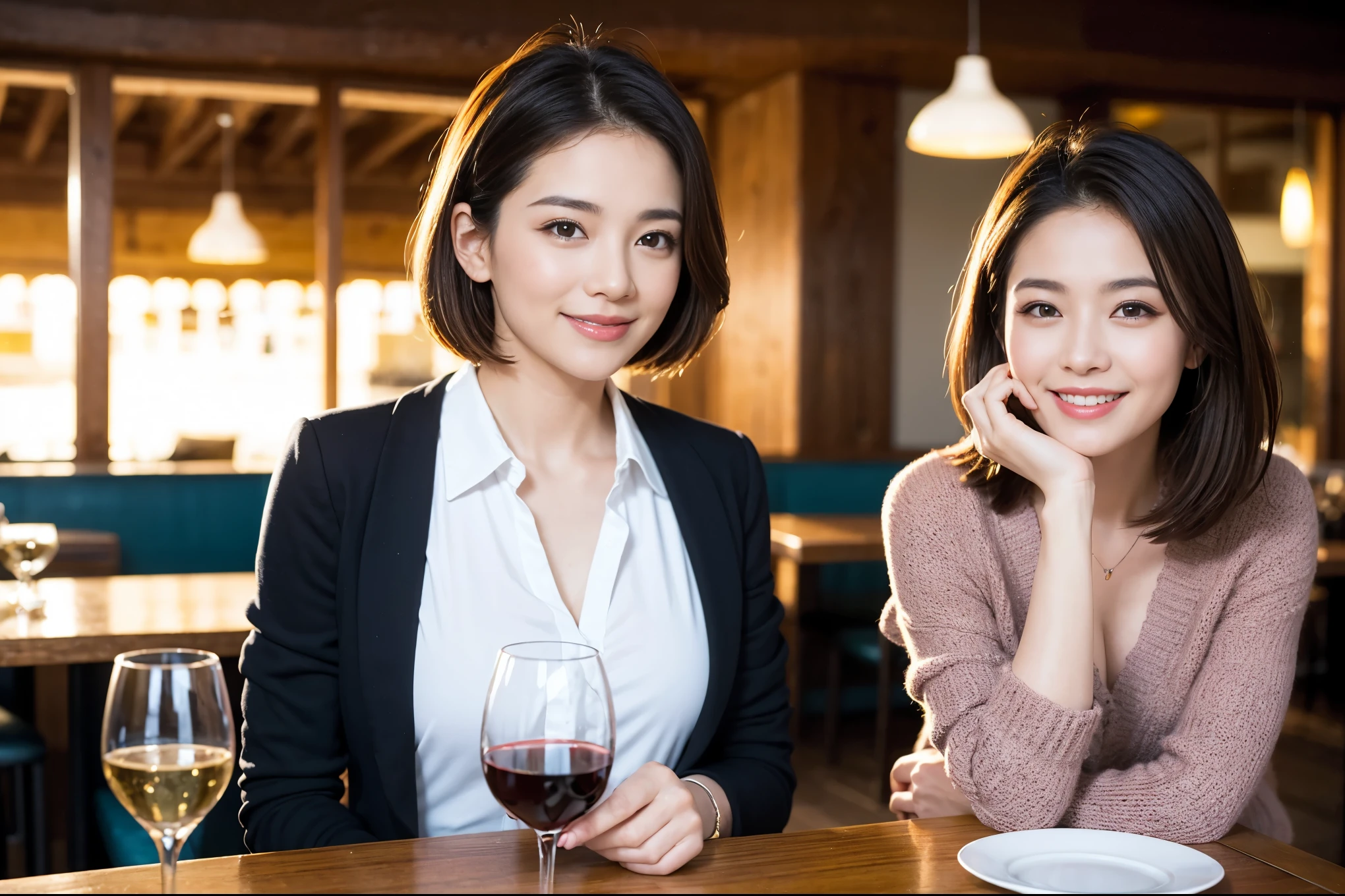 ((highest quality、8k、masterpiece:1.3))、1 male、1 female、石原さとみ似Couple、Spouse、Couple、The body is slim、((Bob Hale、Straight hair:1.2)), (Realistic, Intricate details:1.2), テーブルの上のwine glass、Shine light on your face、 Amazing view of the sunset sky and clouds、Amazing mountain views、A bright smile、The wonderfulness of smile、Bright image、The beauty of wine, Beautiful Face, blue eyes, The light shines on your face, Blushing, short hair,Bright Face、 (Age 37), 39 years old, red wine 、Appetizers、Italian food、Wine bottle、Champagne、sparkling wine、Two beauties、Brown Hair、Shortcuts、Long sleeve shirt、dress、Pretty Woman 1, (slimな顔), (The body is slim), (Brown Hair), (Shortcuts), cheeks turn a little red,Attractive beauty、restaurant, In a prominent place (From the waist up) Nova Frog Style, actress, model, Upper Body, White wine, slim, wine glass, 中央に置かれたwine glass, smile, (smile: 1.15), Beautiful fine grain, Depth f/2,saturation, High Contrast, Strong light and shadow,Moist Body:1.5、3D texture、Delicate eyes、Brown Hair、The hair is very shiny、
