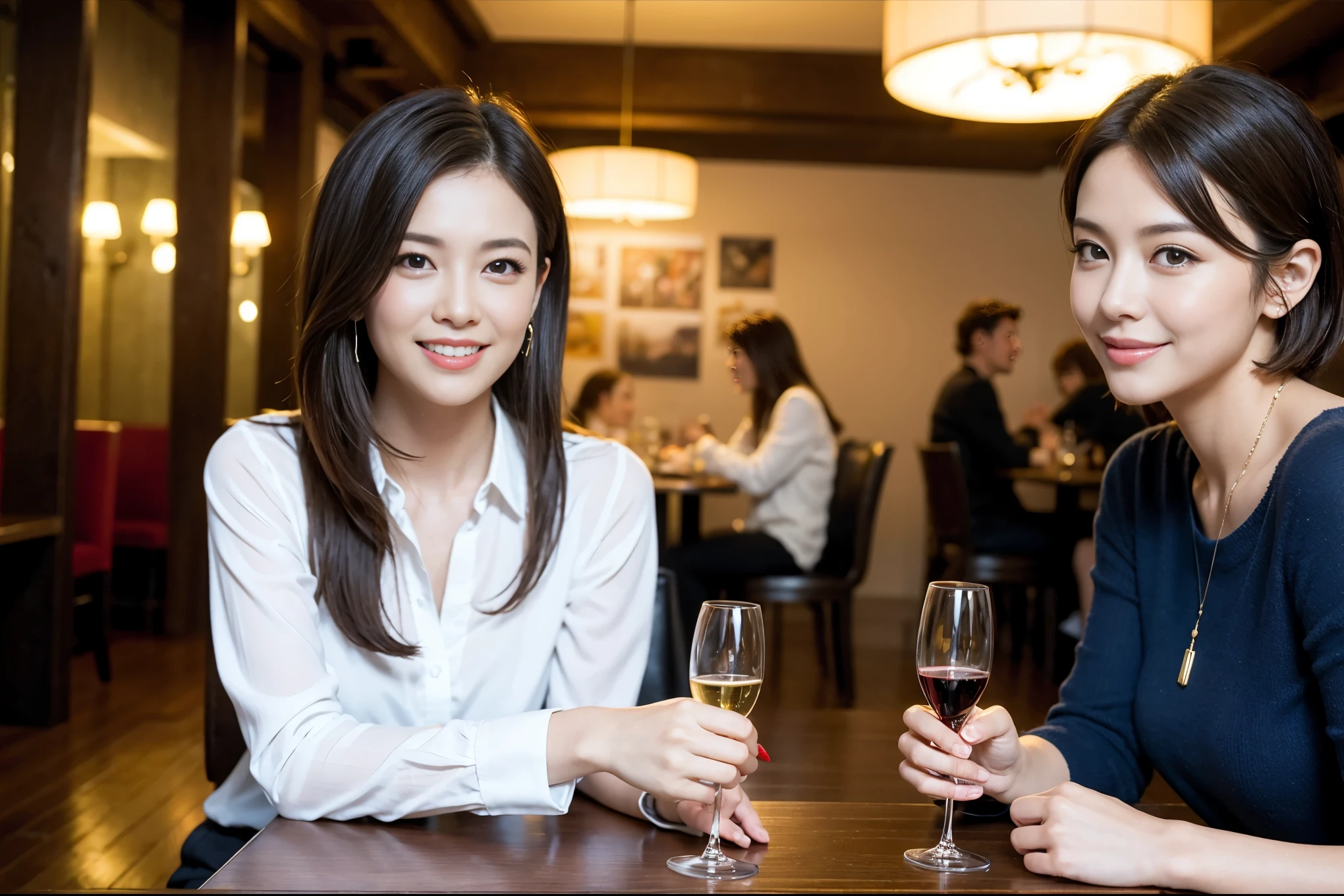 ((highest quality、8k、masterpiece:1.3))、1 male、1 female、石原さとみ似Couple、Spouse、Couple、The body is slim、((Bob Hale、Straight hair:1.2)), (Realistic, Intricate details:1.2), テーブルの上のwine glass、Shine light on your face、 Amazing view of the sunset sky and clouds、Amazing mountain views、A bright smile、The wonderfulness of smile、Bright image、The beauty of wine, Beautiful Face, blue eyes, The light shines on your face, Blushing, short hair,Bright Face、 (Age 37), 39 years old, red wine 、Appetizers、Italian food、Wine bottle、Champagne、sparkling wine、Two beauties、Brown Hair、Shortcuts、Long sleeve shirt、dress、Pretty Woman 1, (slimな顔), (The body is slim), (Brown Hair), (Shortcuts), cheeks turn a little red,Attractive beauty、restaurant, In a prominent place (From the waist up) Nova Frog Style, actress, model, Upper Body, White wine, slim, wine glass, 中央に置かれたwine glass, smile, (smile: 1.15), Beautiful fine grain, Depth f/2,saturation, High Contrast, Strong light and shadow,Moist Body:1.5、3D texture、Delicate eyes、Brown Hair、The hair is very shiny、