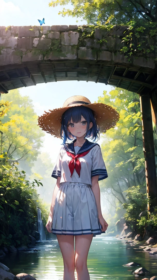 Sailor suit,masterpiece, highest quality, detailed, High resolution, beautiful girl, Sunburned skin, sweating, summer, forest, stone bridge, ((Standing in the flow, A stream flows under the bridge)), Straw hat, Butterflies Flying, Watercolor style, Saturated colors, Rich colors, Speckled sunlight, The best light, Colorful lighting, detailed shading, from the front, Great light and shadow, Quiet atmosphere.