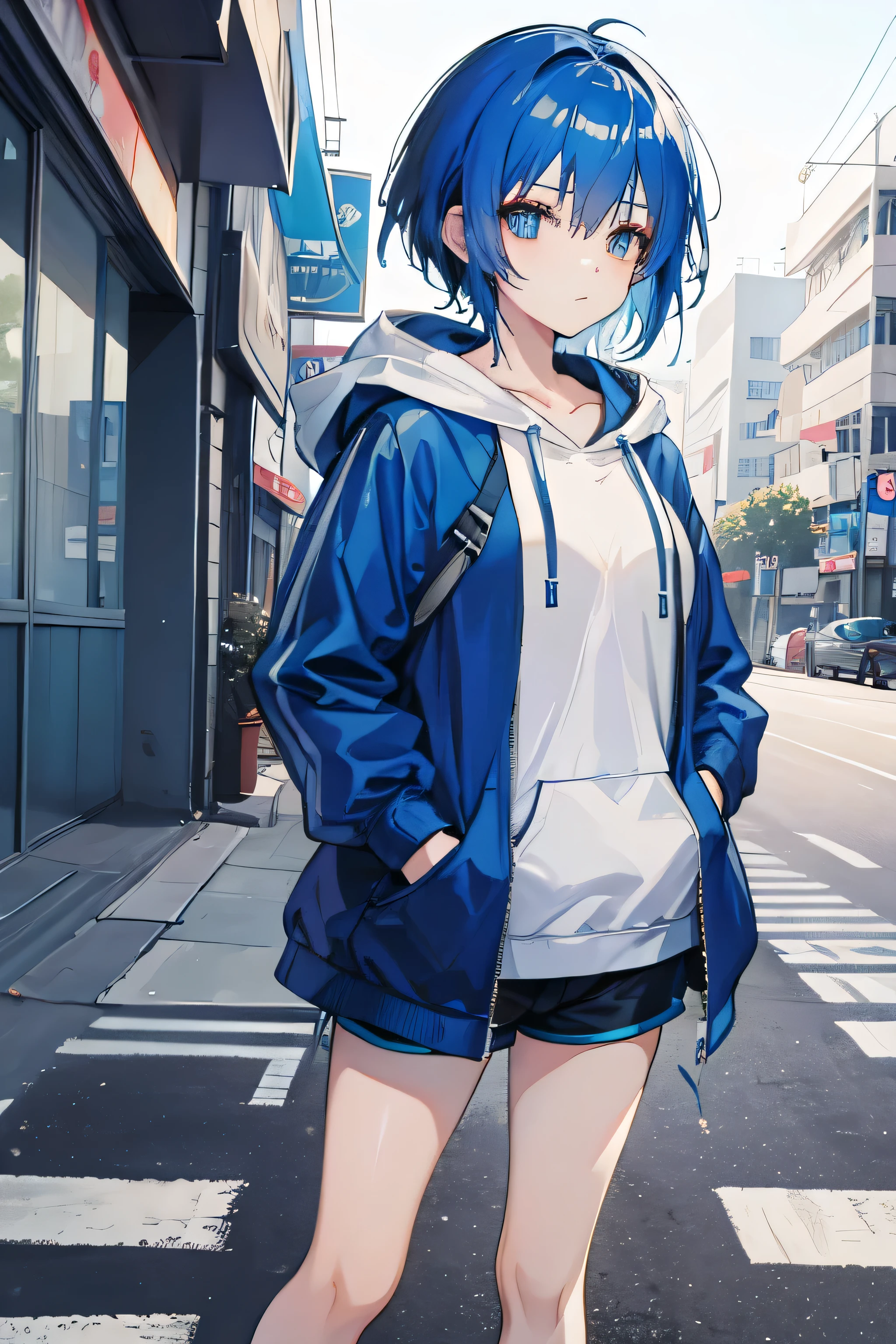 Beautiful adult anime girl, blue hair, hoodie and shorts walking on the street 